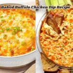 A deliciously baked buffalo chicken dip served with toasted bread slices, garnished with green onions and bubbling cheese on top.