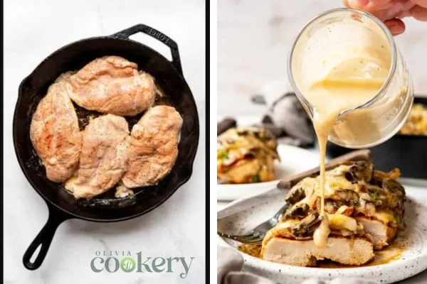 Golden brown seared chicken breasts in a cast iron skillet and juicy chicken topped with sautéed mushrooms and cheese being drizzled with honey mustard sauce.