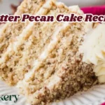 A freshly baked butter pecan cake topped with cream cheese frosting and sprinkled with toasted chopped pecans on a rustic cake stand.